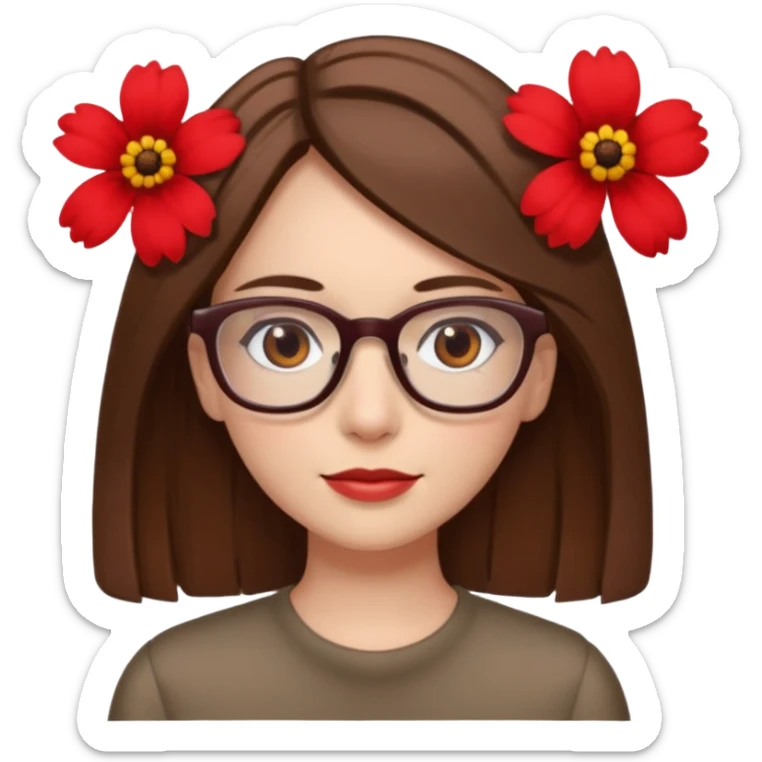 Hawaii female with fair skin. Shoulder length straight brown hair. Brown eyes with glasses. Flower in hair sticker