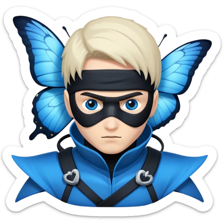 Crea una imagen con estos dos emoji 🥷🏻🦋
él ninja de piel blanca con la mariposa azu posada en el hombro como si estuviera volando. sticker