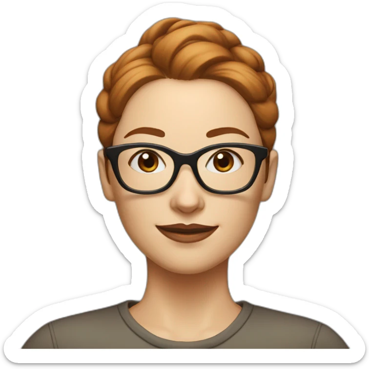 Woman, middle aged, light beige skin, brown-red hair in a bun, rectangle glasses sticker