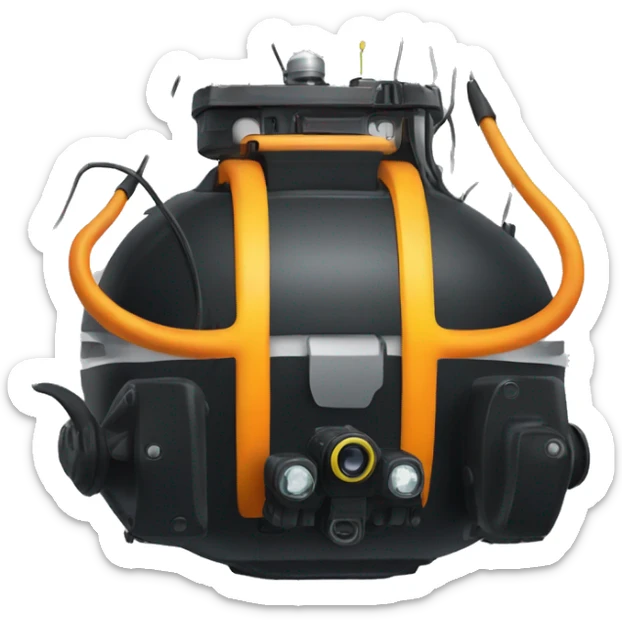 ROV that is black and have orange pontoons and a yellow cable hanging from the back sticker
