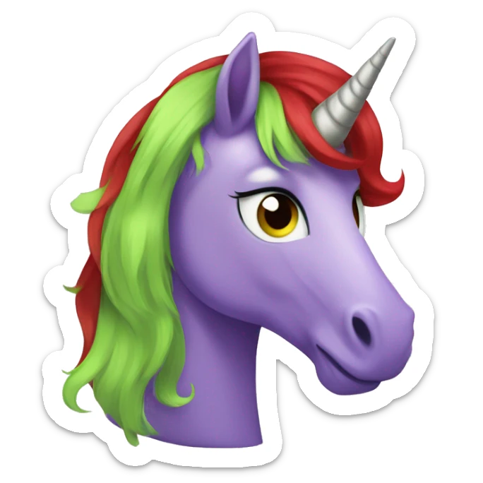 Purple unicorn, cartoony, my little pony, lime green eyes, red hair sticker