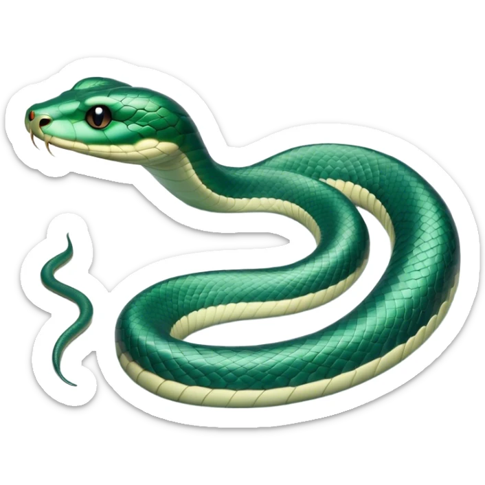 Cinematic Noble Chinese Water Snake Portrait Emoji, Poised and graceful, with a slender, sinuous build and a sleek, iridescent coat of muted greens and blues, deep-set soulful eyes, Simplified yet sharp and sophisticated features, highly detailed, glowing with a soft, dignified aquatic glow, high shine, intelligent and fluid, stylized with an air of waterborne elegance, focused and attentive, soft glowing outline, capturing the essence of a watchful and confident water snake that feels as though it could glide out of the screen with effortless authority! sticker
