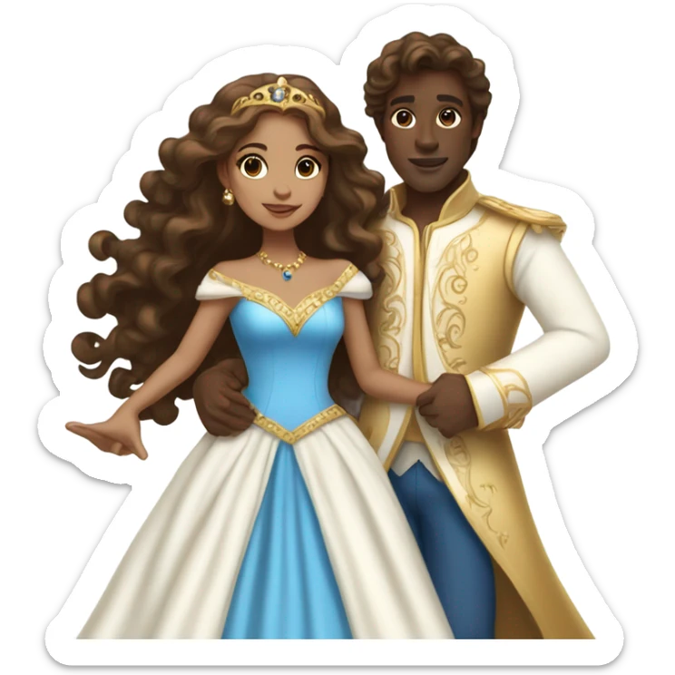 A princess with, brown long hair  and a long white dress with jewelry dancing around with a prince that is dark skin and curly brown hair with a blue and gold outfit  sticker