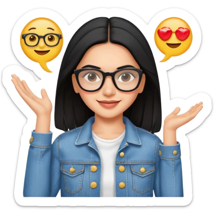generate a pretty bratz emoji 
Make her wear a white dress with a denim jacket over it. black hair side part 

She should look exactly  like Deepika padukone. wearing rectangular spectacle sticker