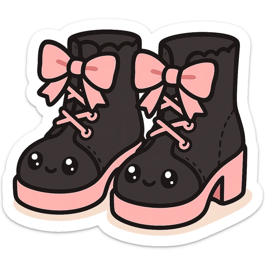 BLACKPINK-inspired gothic shoes, no hearts, black and pink, cute and stylish, kawaii style, pastel peach accents, lace-up ankle boots with ribbons sticker
