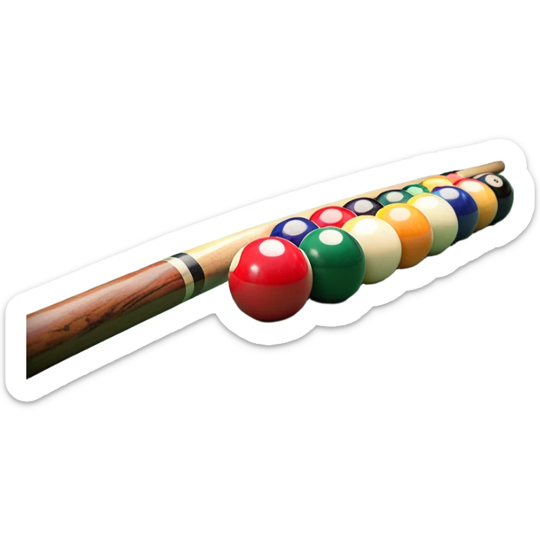 A close-up of a pool cue aimed at a set of colorful billiard balls resting on a green felt table. The focus is on the cue stick and the arrangement of balls, with subtle details of the game’s texture and atmosphere, emphasizing the precision and skill of billiards. sticker