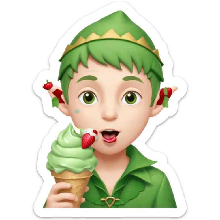 
A young elf boy in leafy clothes licking a triple-scoop ice cream with wide eyes.
baby elf with strawberry ice cream




 sticker
