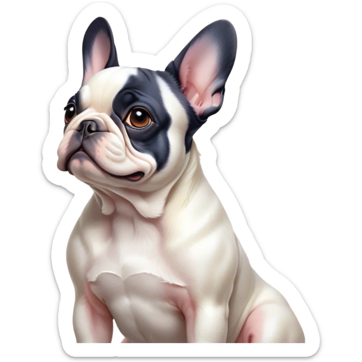 Cinematic Noble Pied French Bulldog Portrait Emoji, Radiating regal yet playful charm, with a distinctive pied fur of contrasting hues and a sculpted, expressive face featuring gentle, wise eyes and a confident stance, simplified yet artistically detailed, glowing with a soft, sophisticated radiance, high shine, exuding intelligent nobility and refined flair, soft glowing outline, capturing the essence of a noble Pied French Bulldog that embodies both strength and grace! sticker