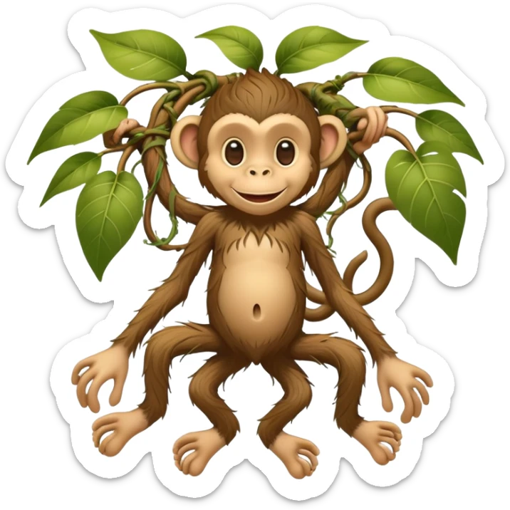 A whimsical character with human feet, tangled plant roots as legs, and a smiling monkey head sticker