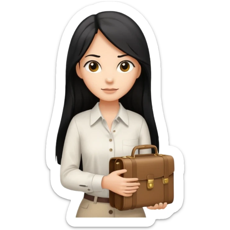 a light tan woman with long black hair past mid-back, round brown eyes, white button up shirt. holding manila case files in her hands. sticker