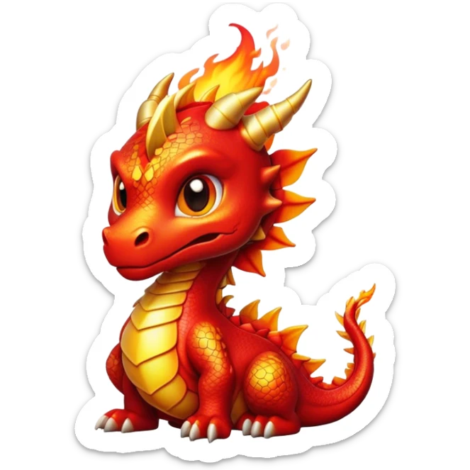 Cinematic Cute Fierce Fire Dragon Portrait Emoji, Head tilted playfully and inquisitively, showcasing a robust, flame-embellished form with intricately detailed scales in vibrant reds and glistening golds, accented by flickering ember highlights and a warm, inviting glow; rendered with lifelike detail and radiant natural light, high shine, spirited yet endearing, styled with a touch of blazing whimsy, soft glowing outline, capturing the essence of a mischievous yet charming inferno that seems ready to dance with playful fire! sticker