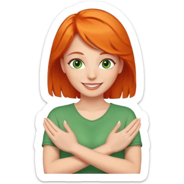 woman with green eyes and orange hair putting her pis on her shoulders (pose) happily  sticker