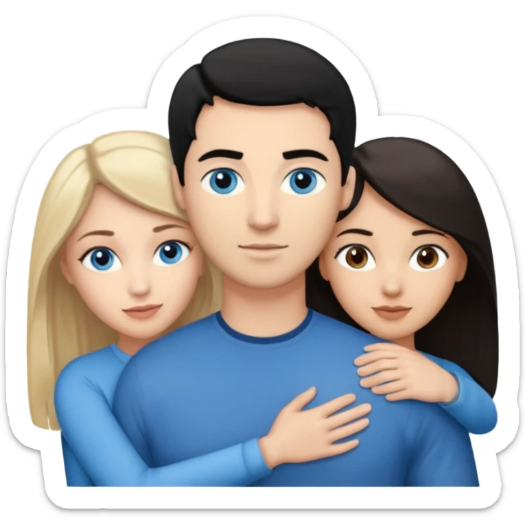 Blond woman with blue eyes on left. And a Man with black hair and grey eyecolor in the middle. And a blank woman with brown hair and grey eyes on the right. Holding each other  sticker