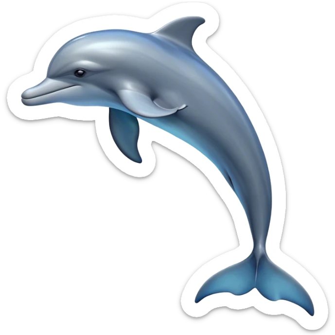 Cinematic Noble Bottlenose Dolphin Portrait Emoji, Poised and regal, with a sleek, streamlined body of shiny, glossy blue-gray skin, expressive, intelligent eyes, and a gracefully arched dorsal fin, Simplified yet sharp and sophisticated features, highly detailed, glowing with a radiant, sparkling aquatic glow, high shine, intelligent and majestic, stylized with an air of oceanic refinement, focused and elegant, soft glowing outline, capturing the essence of a watchful and confident dolphin that appears ready to leap out of the screen with effortless power! sticker