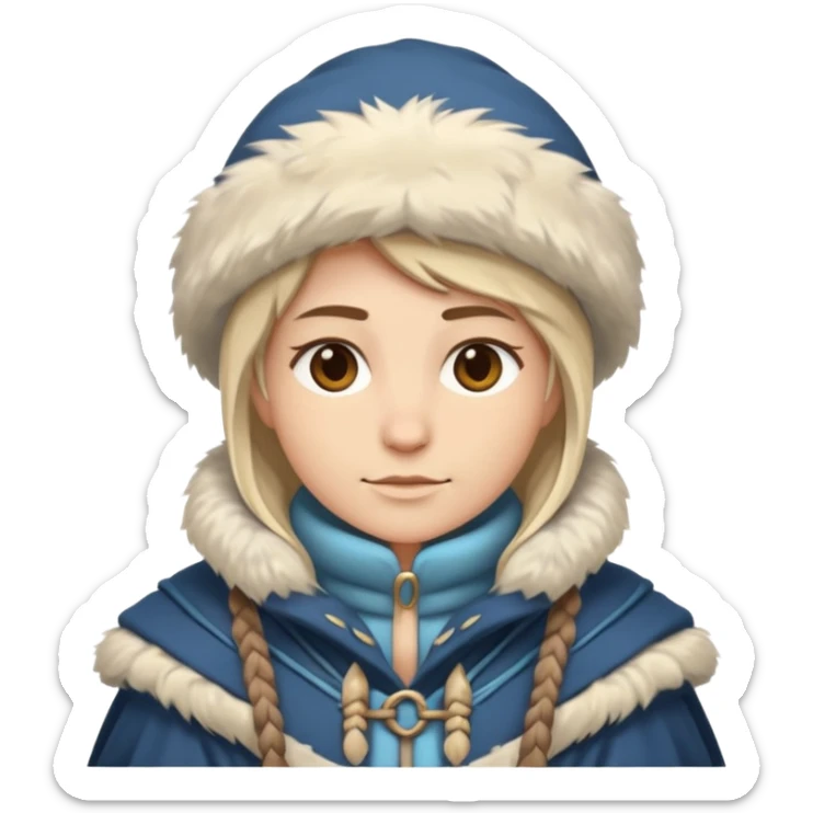 Fantasy human emoji portrait, simple winter mantle with fur trim on shoulders, northern winter vibe, restrained colors, clean flat emoji design, male/female variant
 sticker