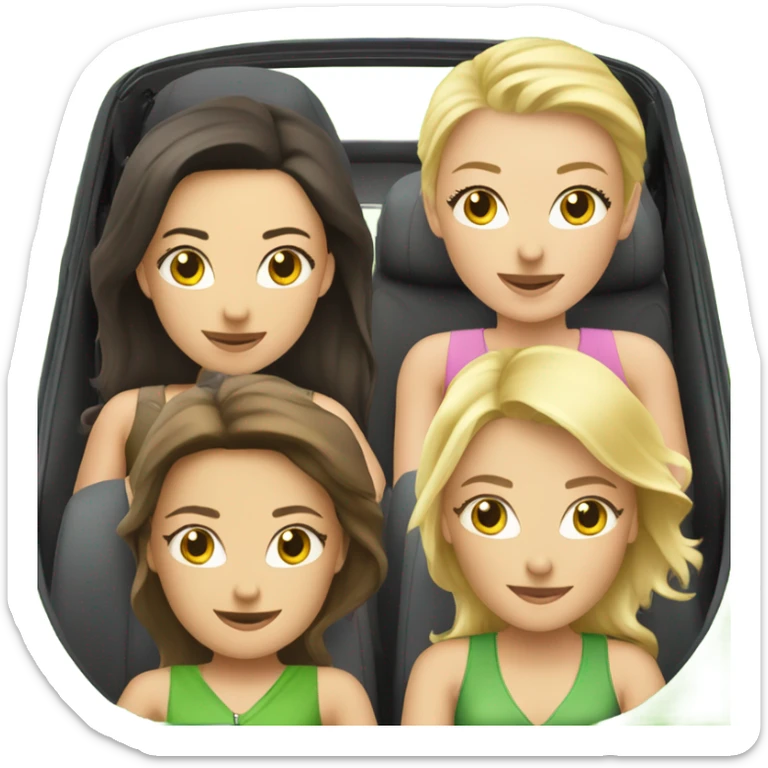 Two Caucasian blonde girls and two Caucasian brunette girls in a green convertible sticker