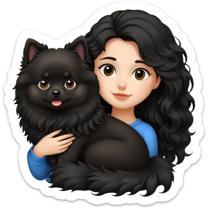 A girl with dark long wavy hair and a black fluffy pomeranian is lying on her left shoulder and neck emoji sticker