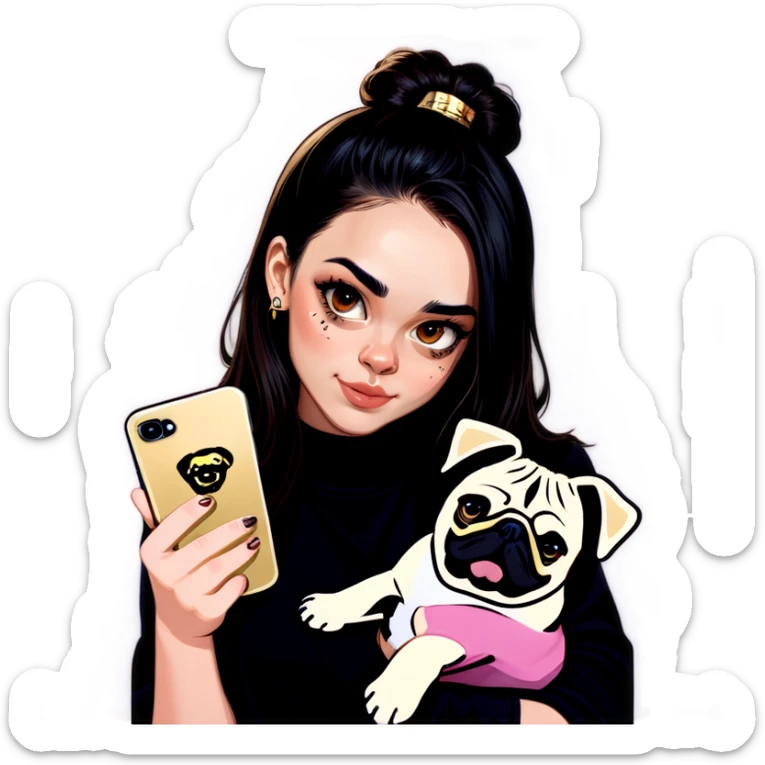 Beautiful young girl with choppy long dark brown hair flows over her her septum piercing is gold and shines as she holds her black phone and her large pug with an underbite layed beside her sticker