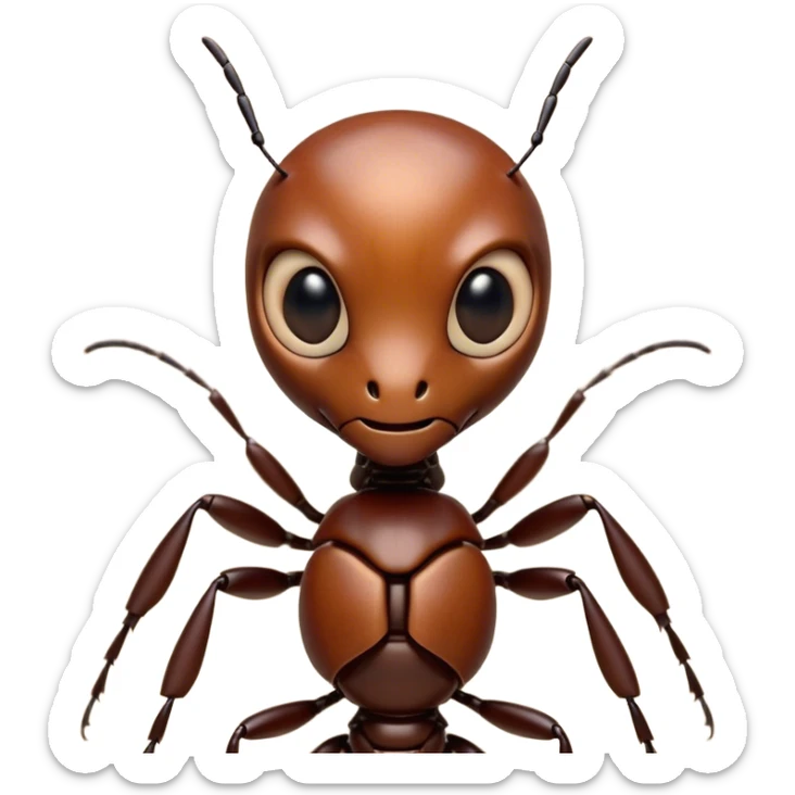 Cinematic Realistic Noble Ant Portrait Emoji, Poised and industrious, with a compact, meticulously segmented body covered in smooth, natural brown exoskeleton and focused, determined eyes rendered in lifelike detail, high shine, intelligent and resilient, styled with an air of urban diligence, focused and attentive, soft glowing outline, capturing the essence of a watchful and confident ant that appears ready to march out of the screen with unwavering authority! sticker