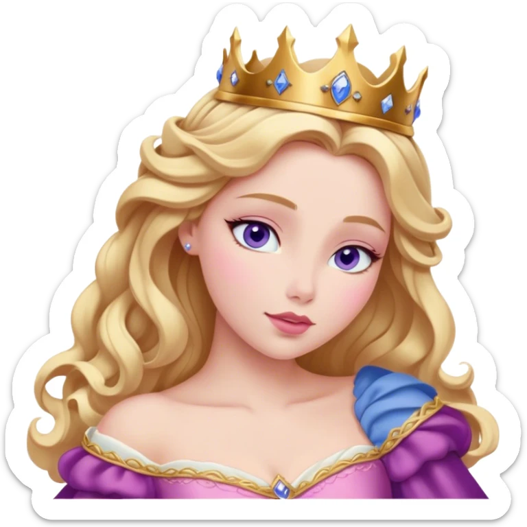 Cinematic Realistic Sleeping Beauty (Aurora) Portrait, with porcelain-like skin featuring a natural rosy flush, illuminated by soft lighting that highlights the gentle contours of her face. Her golden blonde hair flows in soft, detailed waves with subtle highlights that shimmer in the light. Her deep violet-blue eyes radiate warmth and innocence, framed by arched brows and long lashes. Her serene expression exudes quiet elegance. She is dressed in her classic pink gown, the fabric rich in texture with delicate folds that catch the light. A golden crown rests atop her head, gleaming with royal refinement. The portrait captures a soft, glowing aura, blending realism with an ethereal sense of beauty and timeless enchantment. sticker
