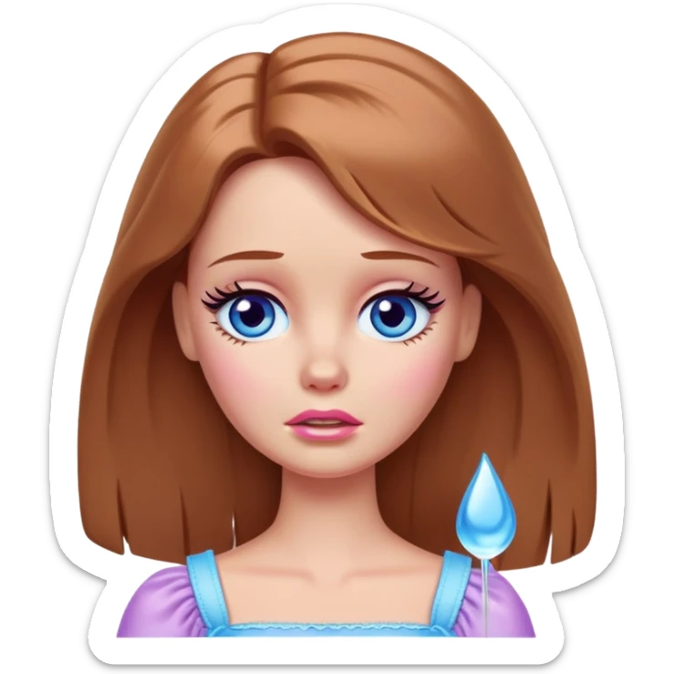 Barbie girl Chestnut Shoulder-length hair and blue eyes is In pale purple crying with tears  sticker