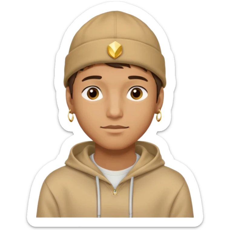{
  "type": "human",
  "look": "male, tan hoodie, brown cap, gold jewelry, calm face, front view",
  "description": "a young man wearing a hoodie and cap, looking relaxed and confident"
} sticker
