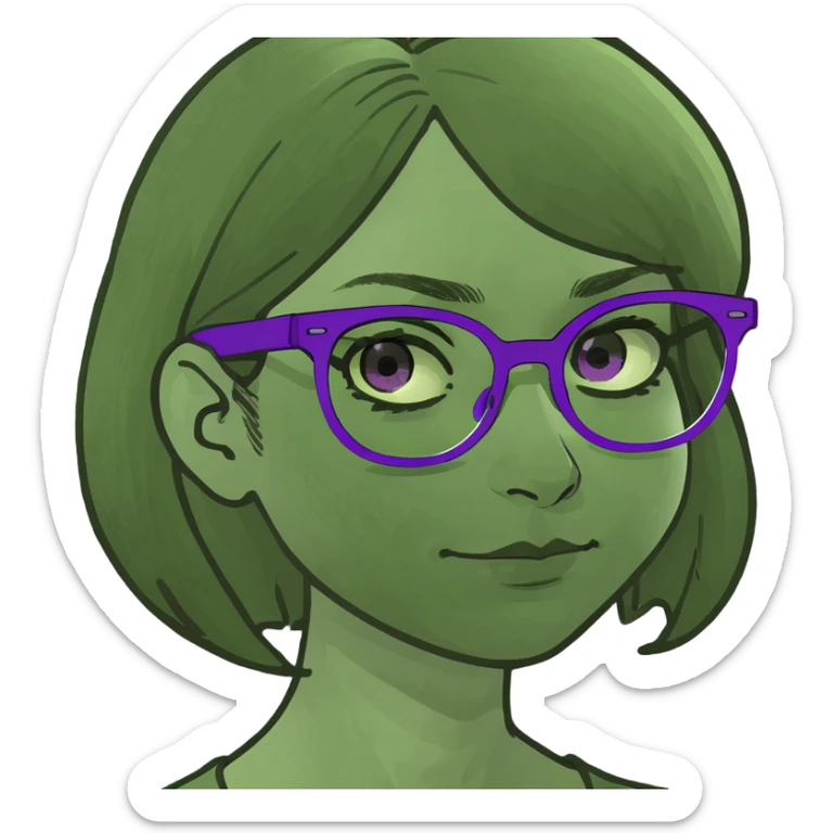 Girl, red shirt, long brown hair, green eyes, purple glasses, blue jeans, relaxed while hugging a cat sticker