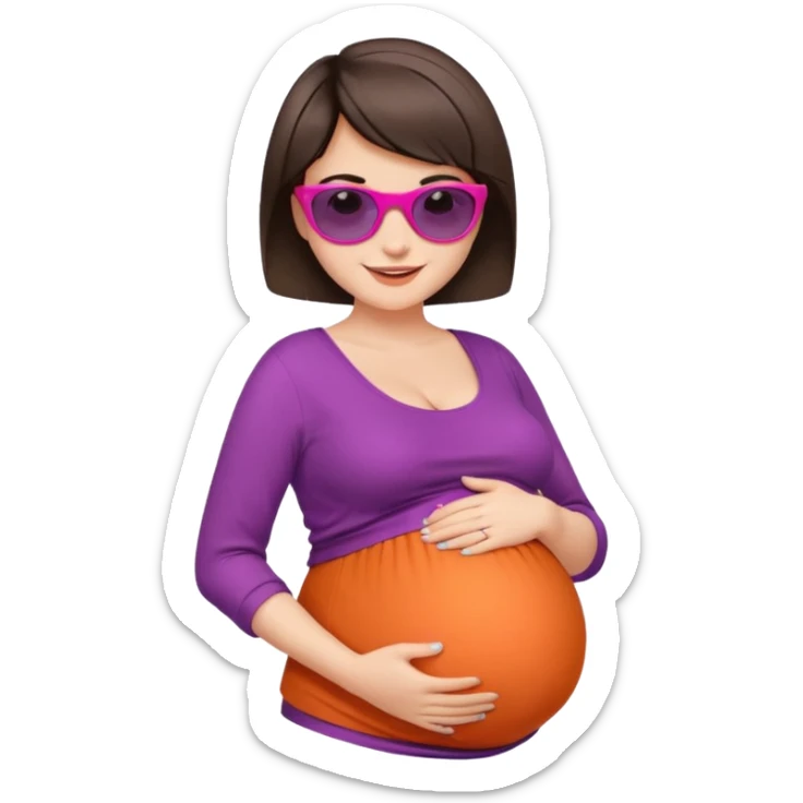 pregnant stylish woman with short pixie brunette hair happily touching her big belly while wearing fashionable clothes and colorful shades sticker