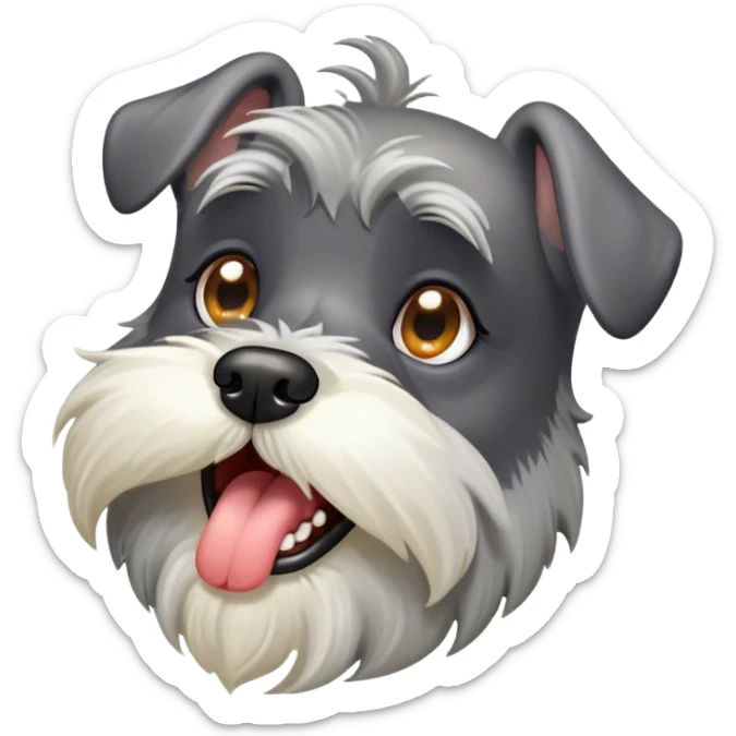Cinematic Cute Yawning Miniature Schnauzer Portrait Emoji, Head cocked with a wide, adorable yawn and droopy, charming eyes, featuring a neatly trimmed, lovable salt-and-pepper fur, simplified yet irresistibly cute, highly detailed, glowing with a warm, relaxed radiance, high shine, exuding a sleepy yet spirited charm, styled with a soft, cozy glowing outline, capturing the essence of a Miniature Schnauzer mid-yawn, radiating pure, drowsy cuteness! sticker