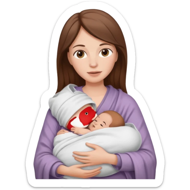 A white-skinned mother with brown hair holds her baby with white skin and brown hair in her arms, the baby is wrapped in a white blanket sticker