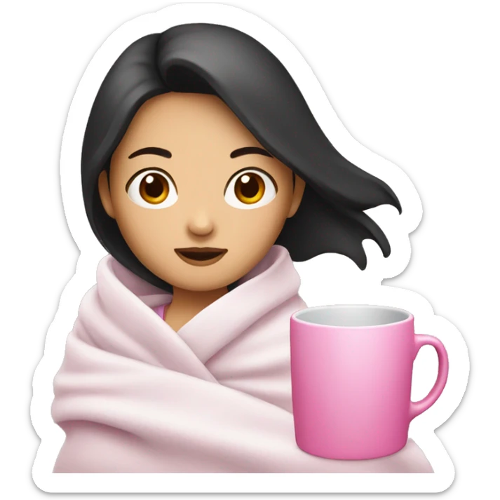 Asian girl with dark hair wearing a white blanket and holding a pink mug sticker
