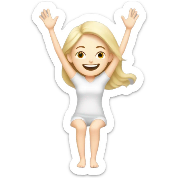 Happy pale girl wakes up in bed and stretches hands up in the air  sticker