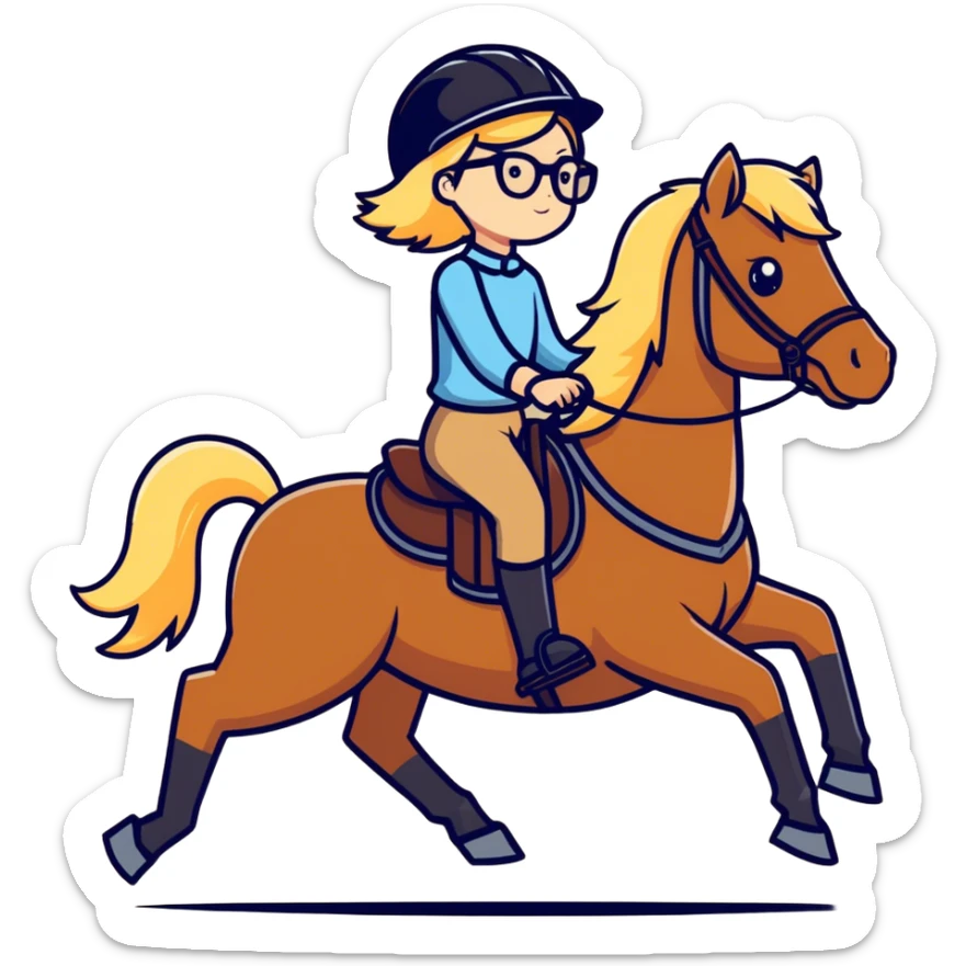 Blonde haired girl with glasses on and wearing a helmet riding a brown. horse sticker
