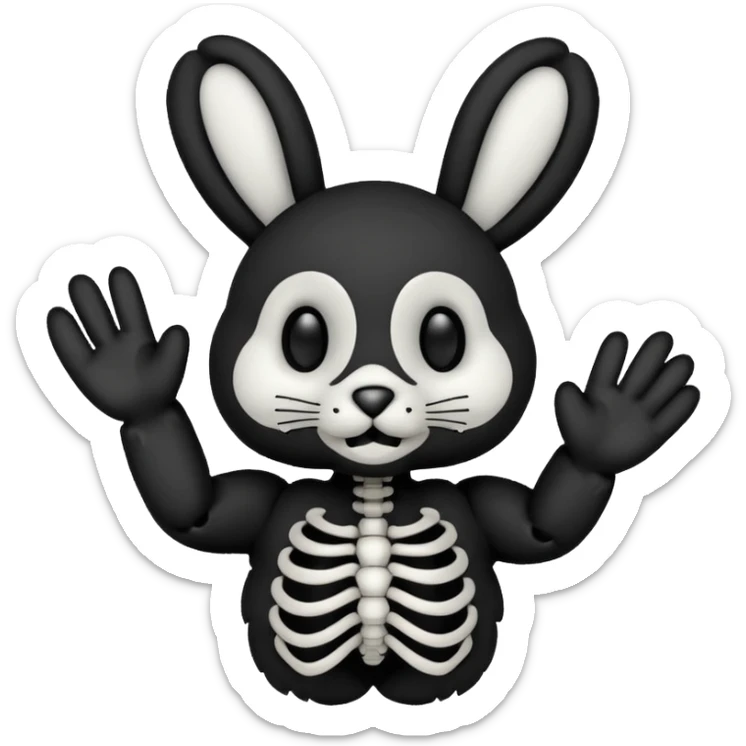 Emoji tête de peluche Lapin squelette noire qui fait bonjour de la main  sticker