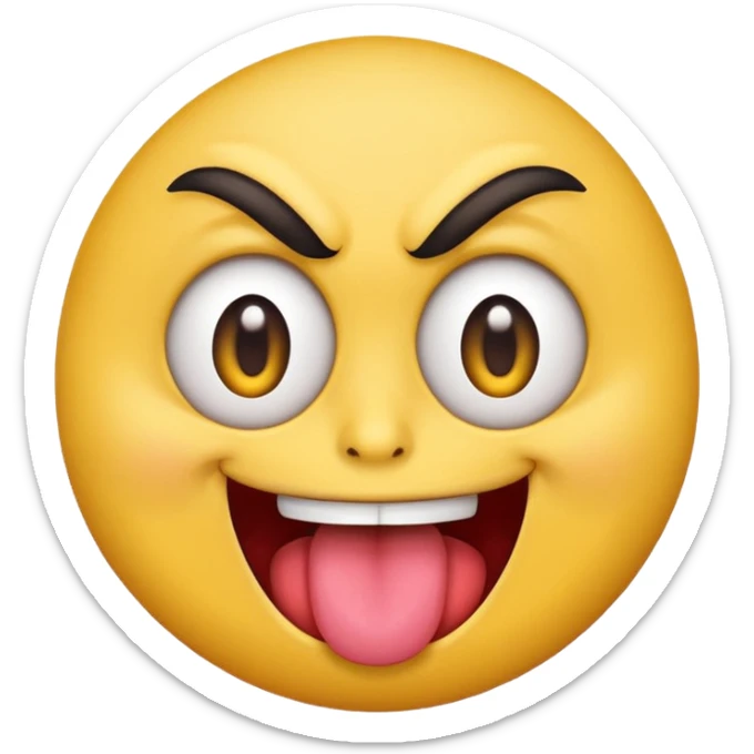 A yellow round face emoji smirking with its tounge out but the eyes are evil and kind of crazy and the eyebrows are turned in but one is raised  sticker