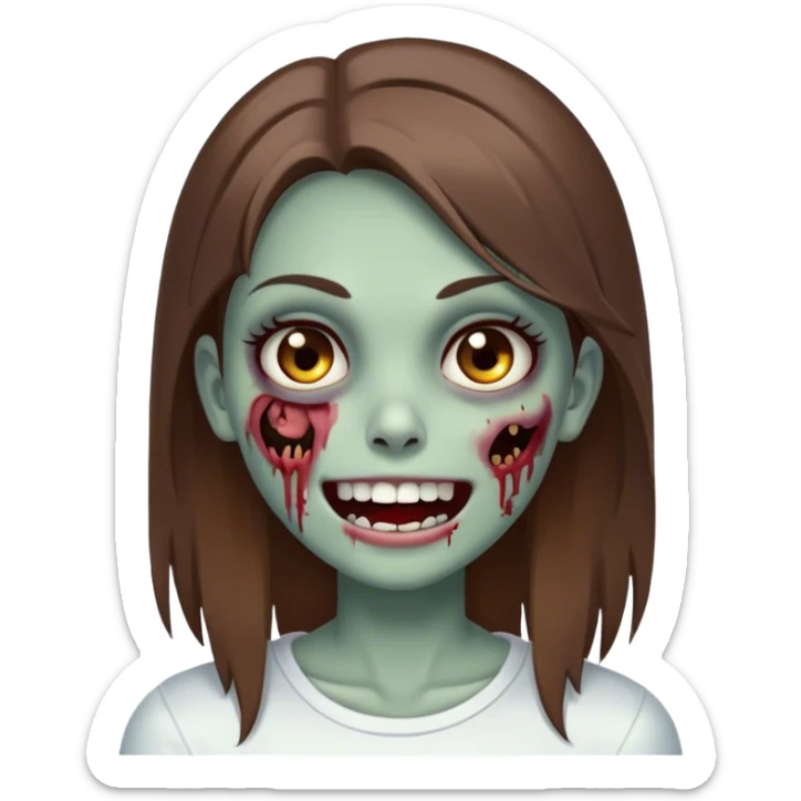 Zombie girl with brown hair brown eyes straight hair white skin with closed mouth and beautiful smile sticker
