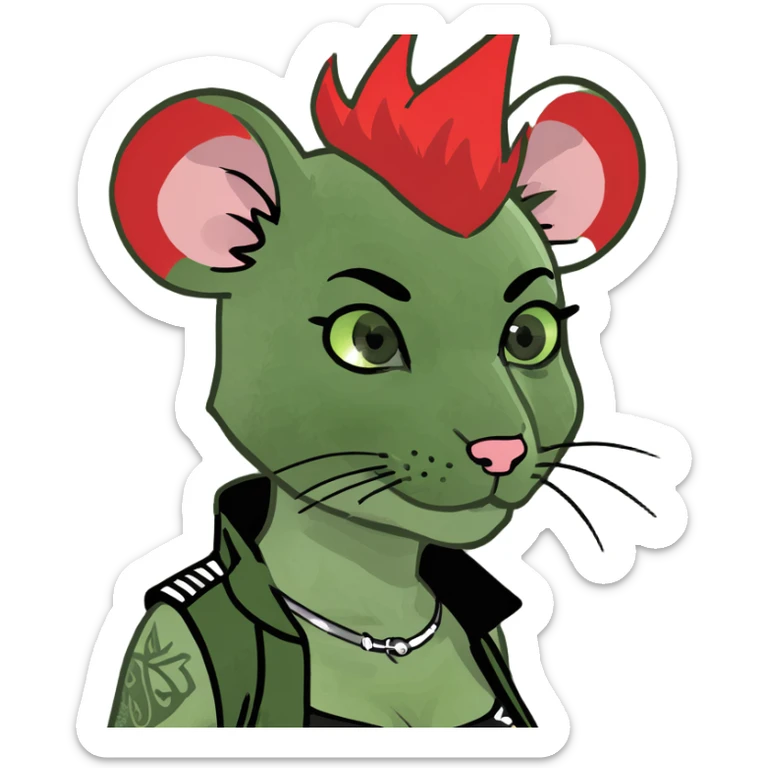 gothic mouse girl nezumimi with red mohawk, green eyes, punk fashion, emoji meme style, exaggerated facial features sticker