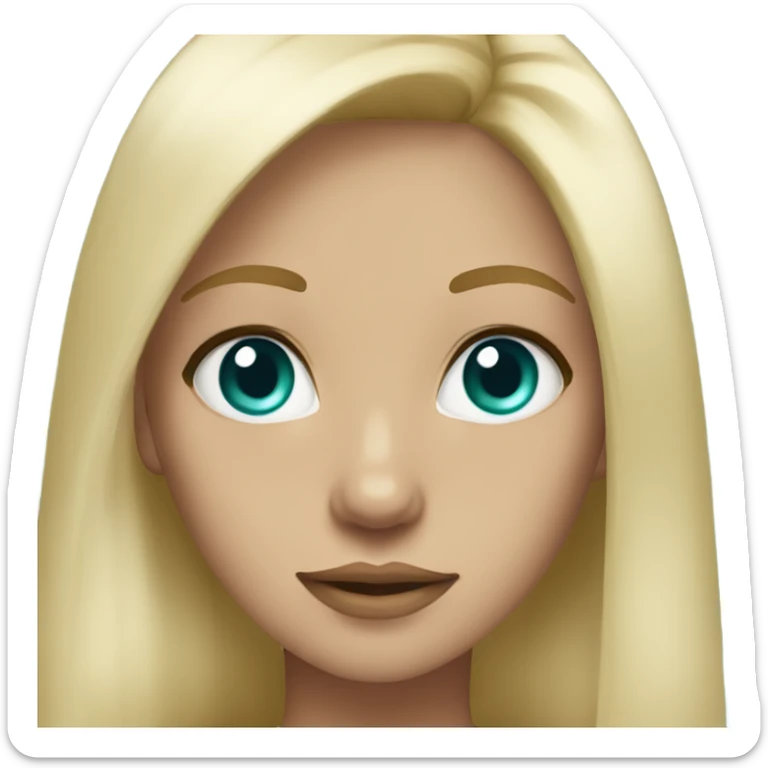A girl, turquoise eyes, straight long blonde hair, white but tan sticker