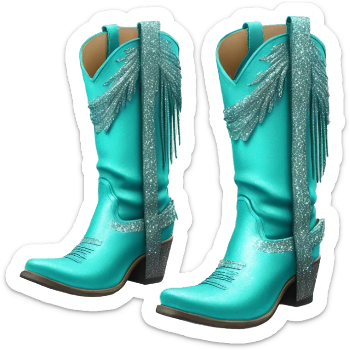 Realistic turquoise fashion cowgirl boots with sparkly shiny glitter fringe on them. sticker