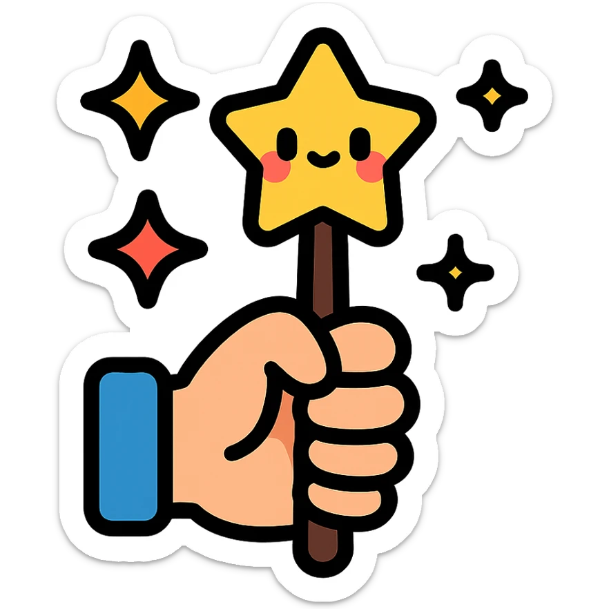 adorable magic wand held in a small hand, sparkling stars, kawaii style, colorful icon sticker