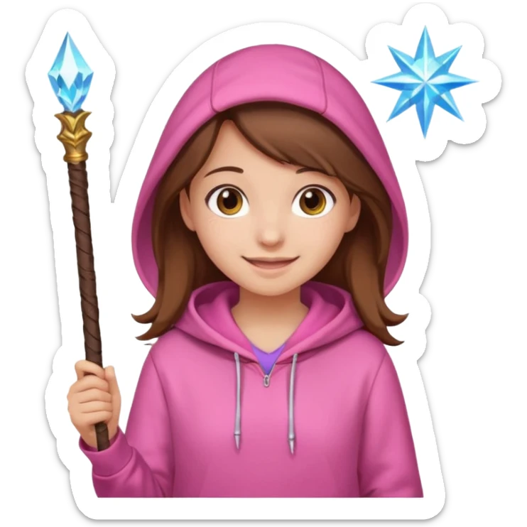 Girl With brown hair pink hoodie and a magic Sanz sticker