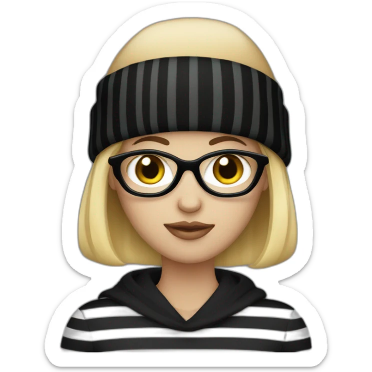 blonde woman in fully black beanie hat, black eye mask and striped shirt sticker