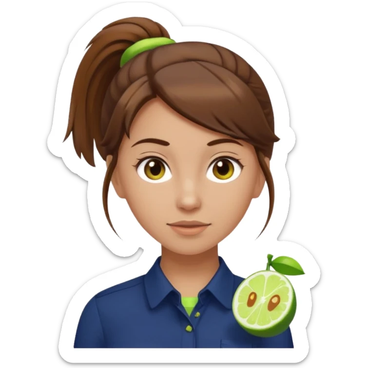 female with brown hair in ponytail, brown eyes, navy blue blouse with lime green Indie Services logo, emoji style, neutral expression sticker