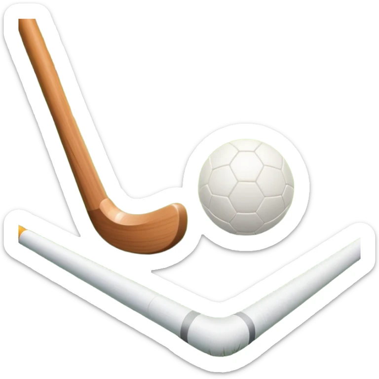 field hockey stick and ball on green grass field with goalposts in background sticker