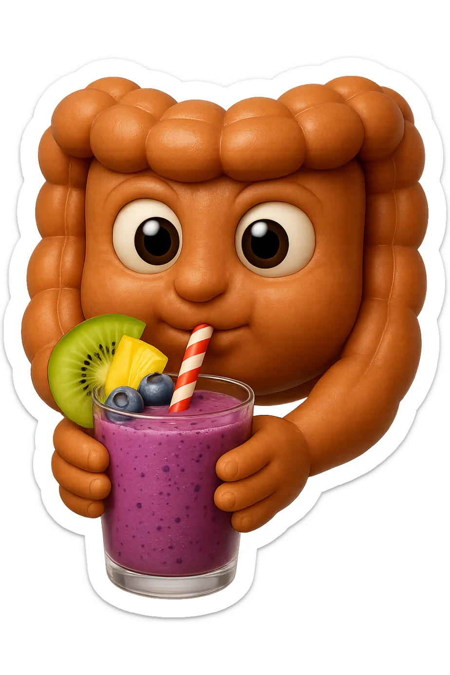 EMOJI STILE IPHONE DI un intestino umano anatomico che beve un frullato di mirtilli, ananas, kiwi, fagli anche la parte bianca degli occhi, non solo le pupille, REALISTICo 4K sticker