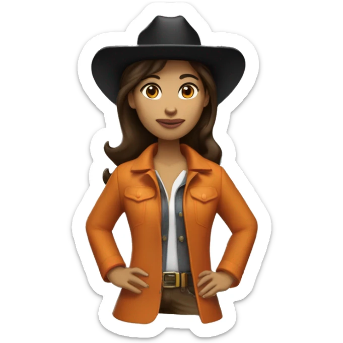brunette cow girl tan skin skin, orange burnt coat, black hat sticker