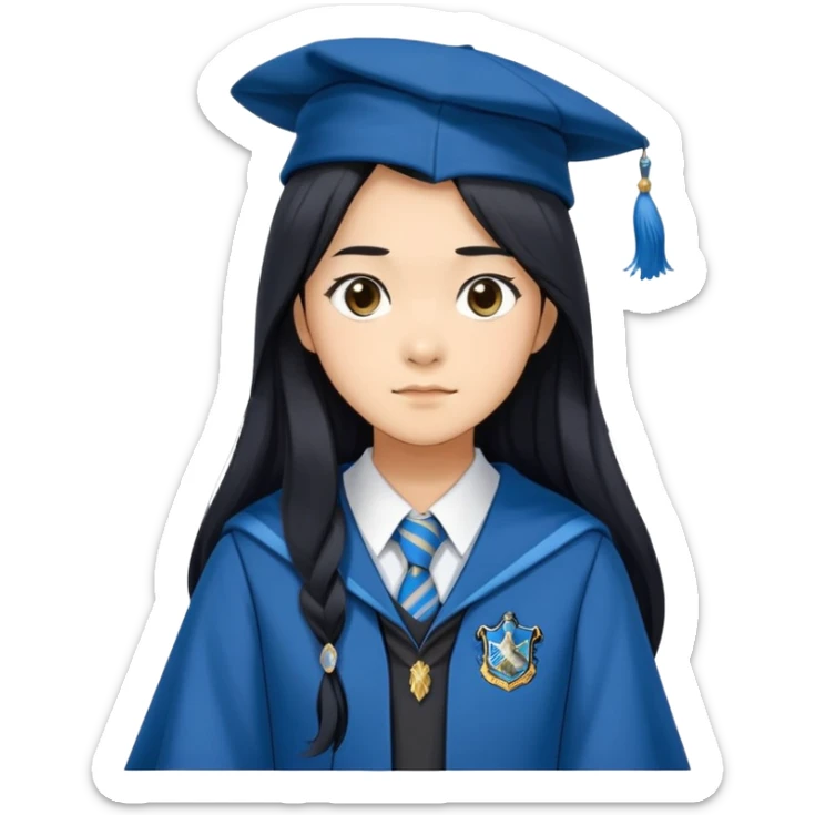 Cho Chang in harry potter, wear hogwarts Ravenclaw uniform, long black hair, not wearing hat sticker