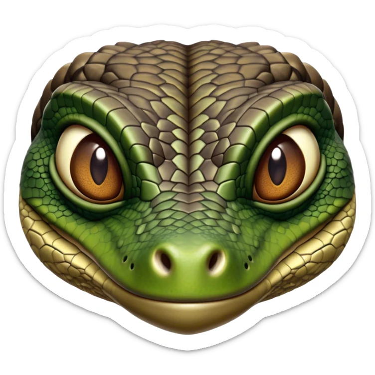 Cinematic Realistic Noble Monitor Lizard Portrait Emoji, Poised and imposing, with a robust, muscular build and a rugged, intricately scaled hide in natural olive and dark brown tones, a sharply defined head with intense, observant eyes, rendered with lifelike detail and authentic texture, high shine, intelligent and formidable, styled with an air of desert authority, focused and attentive, soft glowing outline, capturing the essence of a watchful and confident monitor lizard that appears ready to stride out of the screen with effortless power! sticker