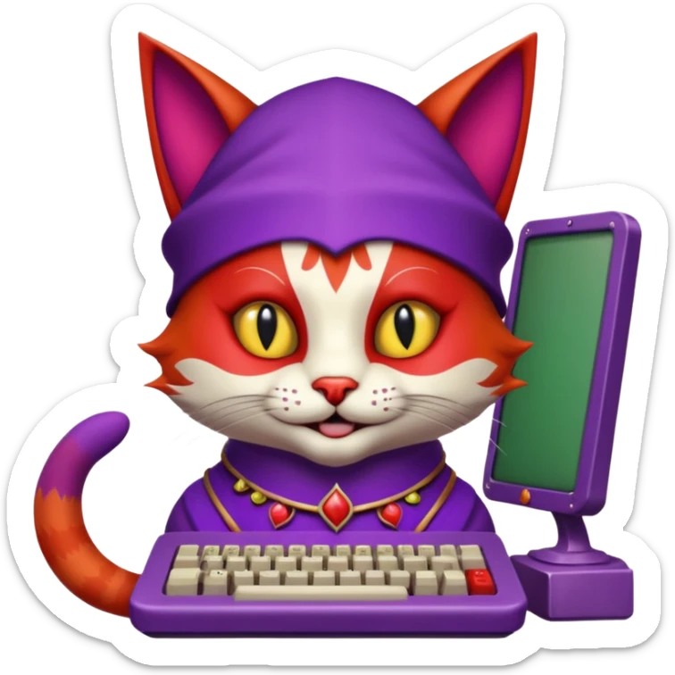 crazy colorful cute little cat jolly joker from poker, medieval, vintage, court jester, mac os icon, purple and red color, half body. The cat is inside a retro computer terminal sticker