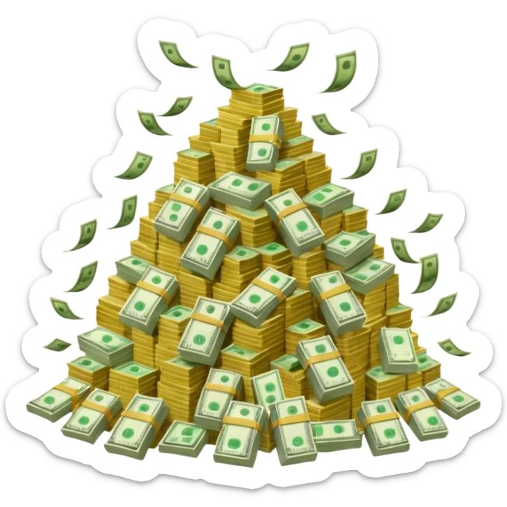 mountain of cash, with bags of money sticker